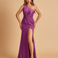 Unique Satin One Shoulder Sheath Bridesmaid Dresses Open Back Side Slit Floor Length