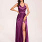 Sexy Satin A-line Prom Dresses Spaghetti Straps Side Slit V-neck Floor Length