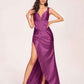 Satin Spaghetti Straps Corset Prom Dresses Pleats Side-Slit Sheath Floor Length