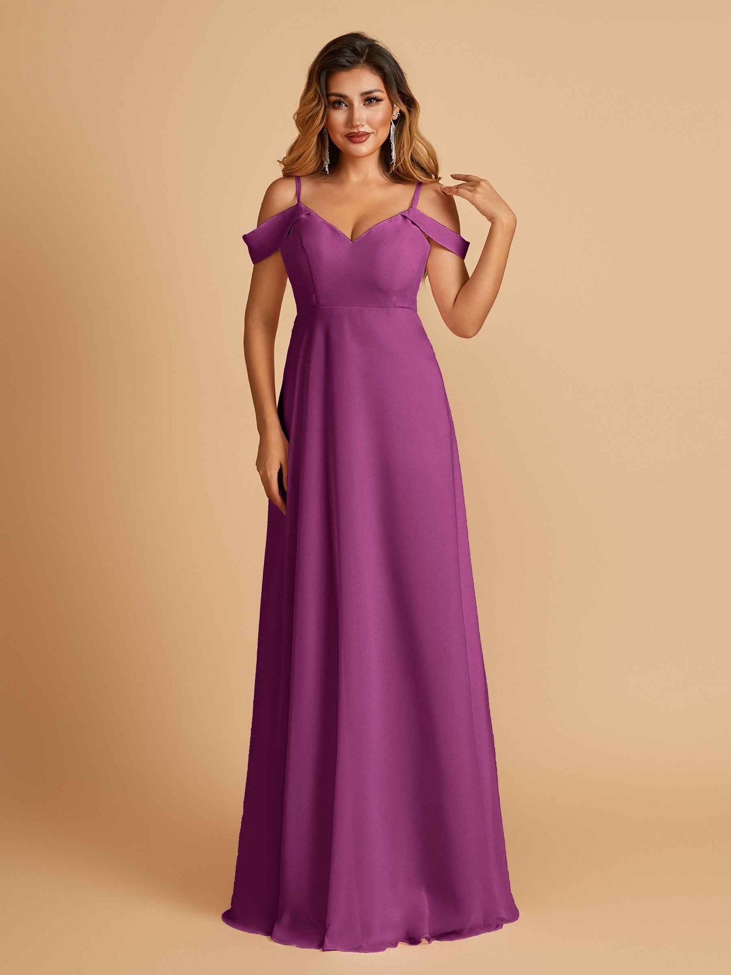 Chiffon Off-shoulder Long Bridesmaid Dresses V-neck Floor Length A-line For Sale