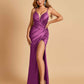 Sexy Satin Spaghetti Straps Prom Dresses V-neck Side Slit Pleats Floor Length Sheath