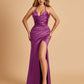 Sexy Satin Halter Straps Sheath Prom Dresses Side Slit Pleats Floor Length