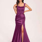 Sexy Satin Square Mermaid Bridesmaid Dresses Pleats Side-Slit Floor-Length Sleeveless