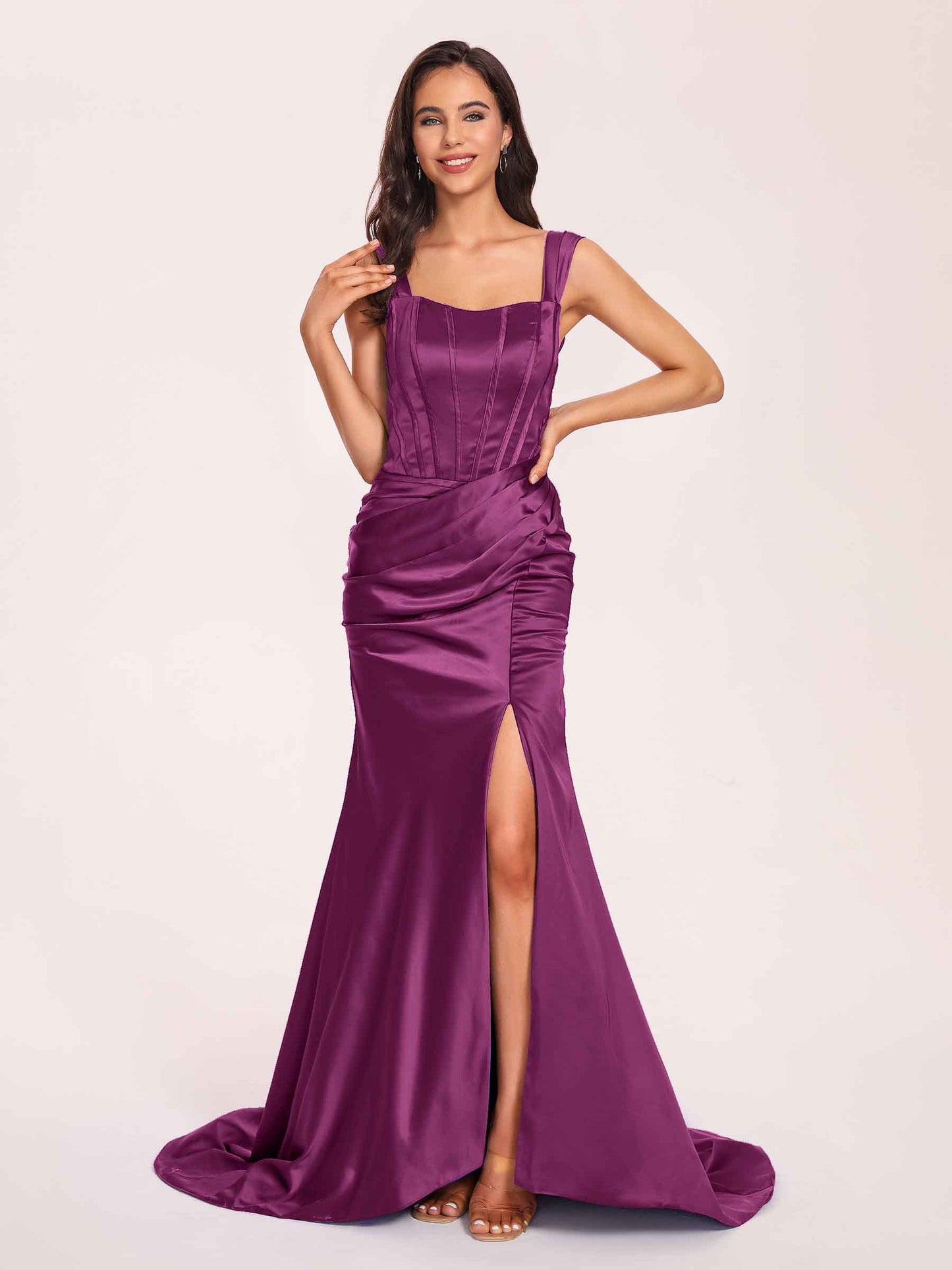 Sexy Satin Square Mermaid Bridesmaid Dresses Pleats Side-Slit Floor-Length Sleeveless