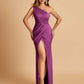 Satin One-shoulder Bridesmaid Dresses Sheath Side Slit Sleeveless Floor Length