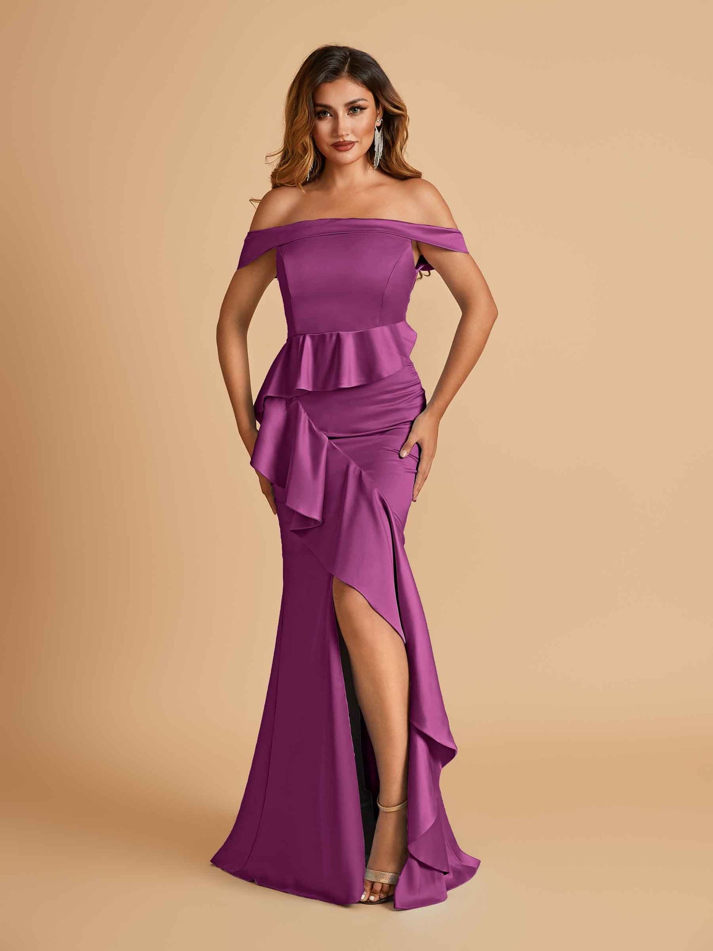 Satin Mermaid Off Shoulder Prom Dresses With Ruffles Side Slit Floor Length