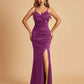 Sexy Satin Mermaid Bridesmaid Dresses Spaghetti Straps V-neck Side Slit Floor Length