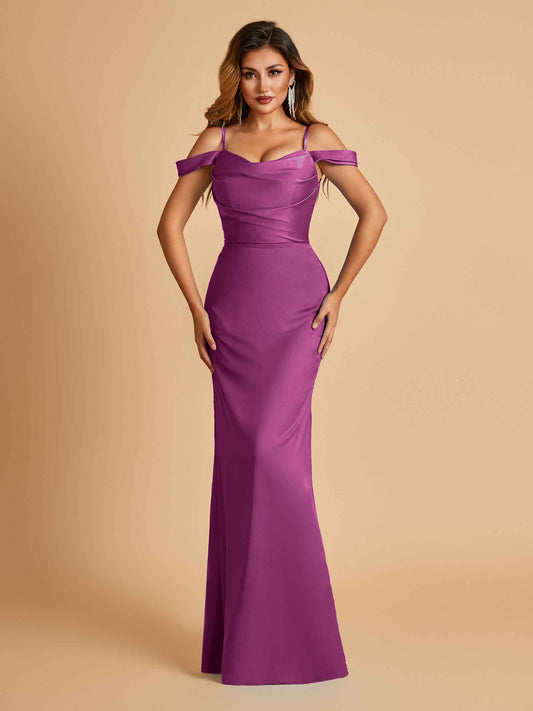 Sexy Off Shoulder Mermaid Long Bridesmaid Dresses Satin Spaghetti Straps Floor Length