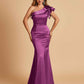 Satin One-shoulder Bridesmaid Dresses Ruffle Sleeves Mermaid Floor Length For Sale
