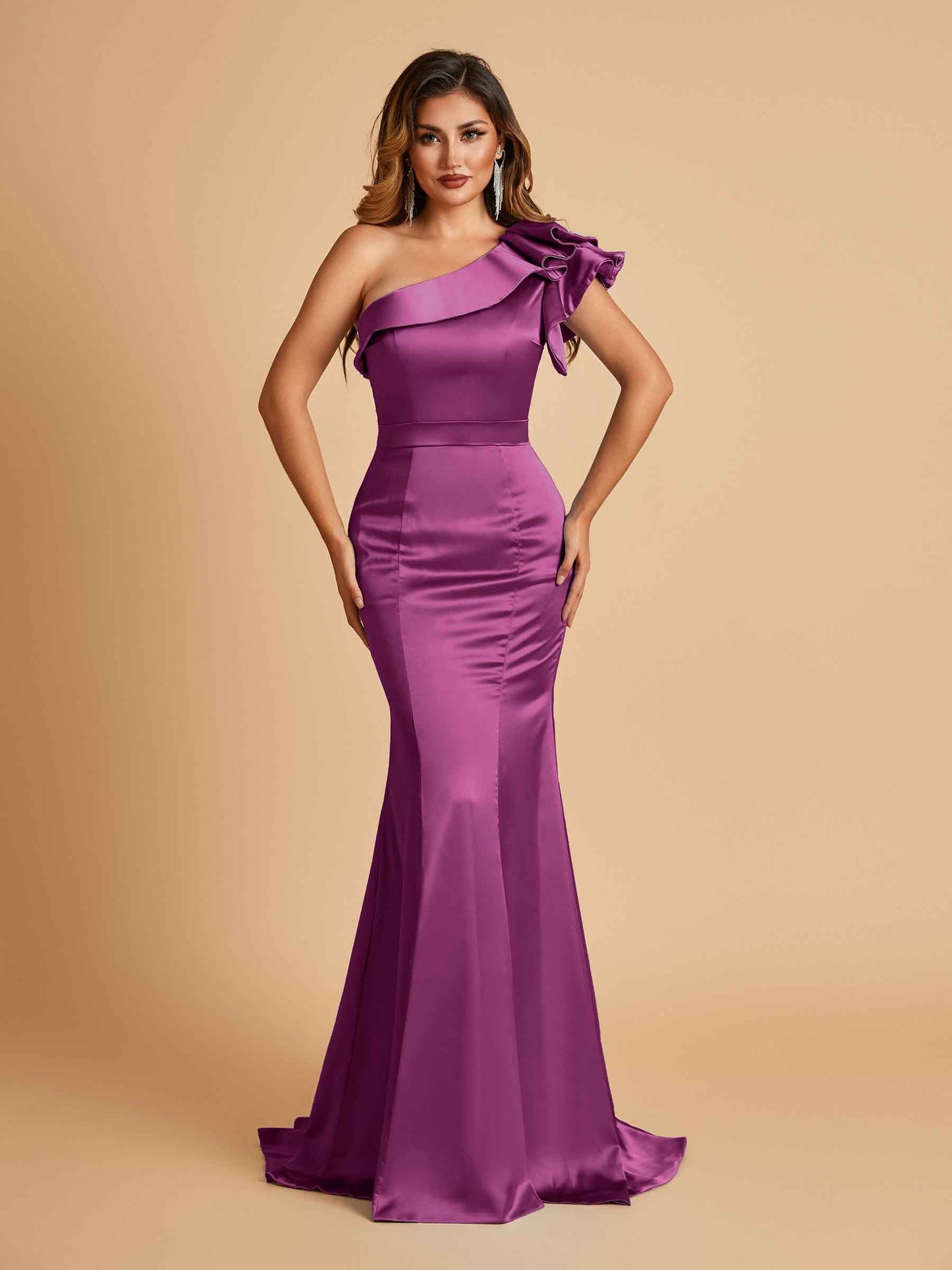 Satin One-shoulder Bridesmaid Dresses Ruffle Sleeves Mermaid Floor Length For Sale