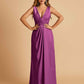 Sexy Satin Deep V-neck Long Bridesmaid Dresses A-line Pleats Sleeveless Floor Length