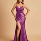 Satin Mermaid V-neck Bridesmaid Dresses Spaghetti Straps Side Slit Floor Length