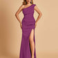Satin One-shoulder Bridesmaid Dresses Mermaid Side Slit Sleeveless Floor Length