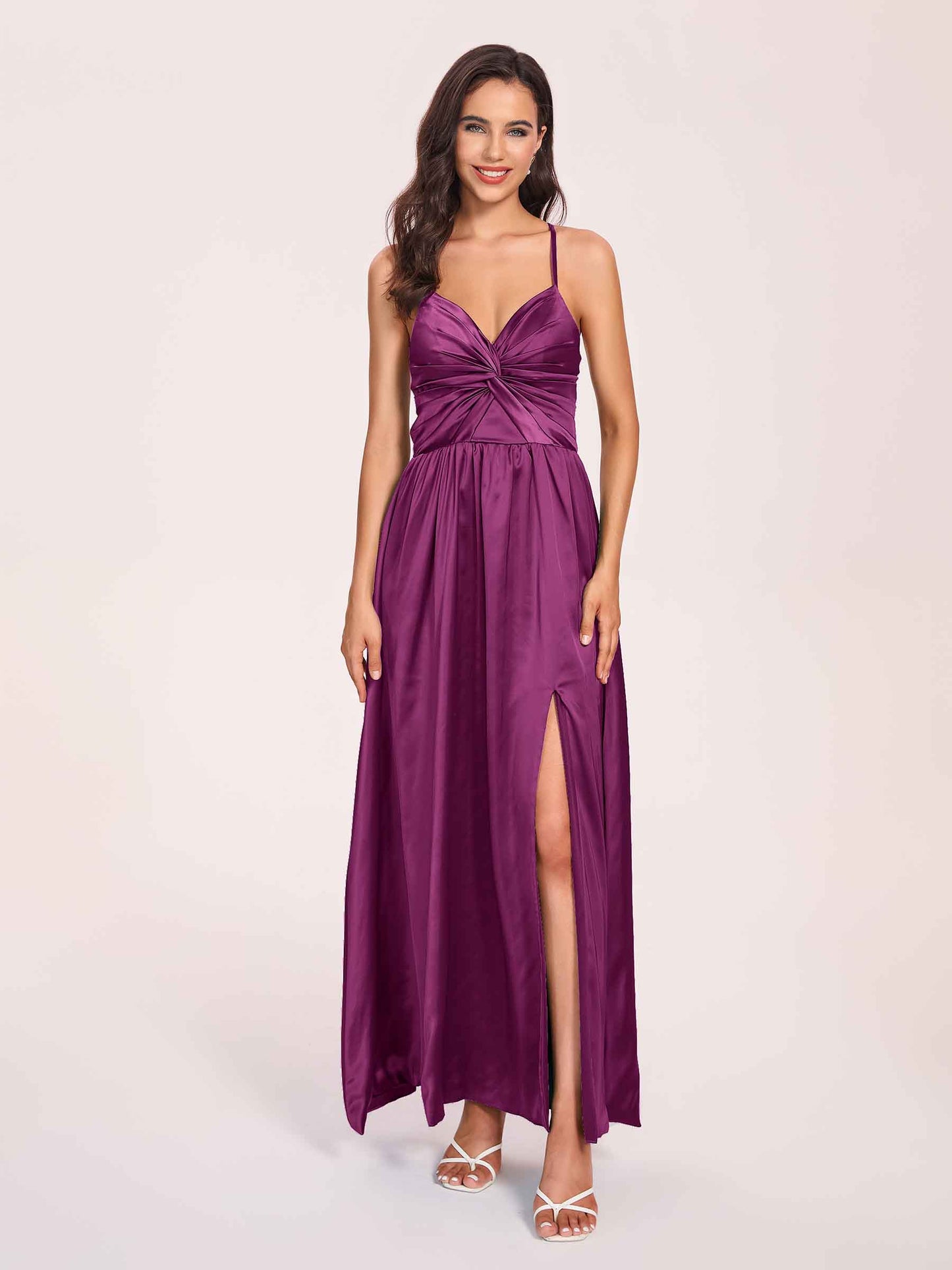 Satin Spaghetti Straps A-line Bridesmaid Dresses Side Slit Floor Length