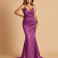 Satin Mermaid V-neck Prom Dresses Spaghetti Straps Floor Length
