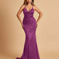 Satin Mermaid Open-back Prom Dresses Spaghetti Straps V-neck With Pleats Floor Length