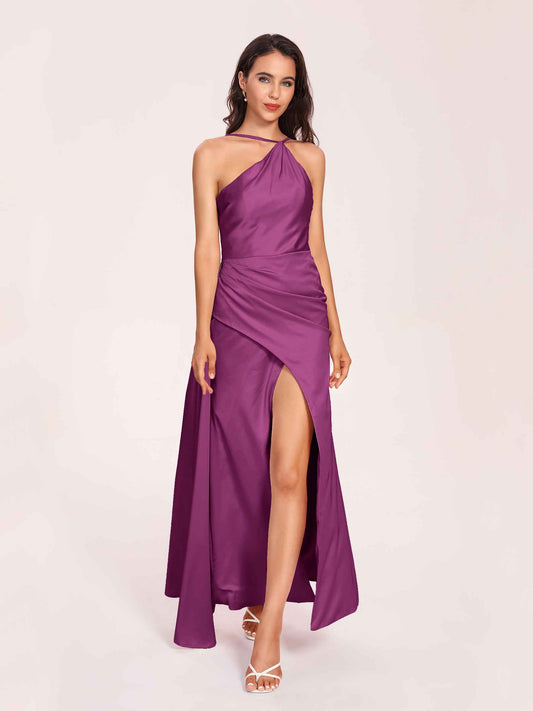 Sexy Satin Halter Strap Sheath Bridesmaid Dresses Side Slit Pleats Floor Length