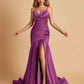 Sexy Satin Mermaid Open Back Prom Dresses Spaghetti Straps V-neck Side Slit