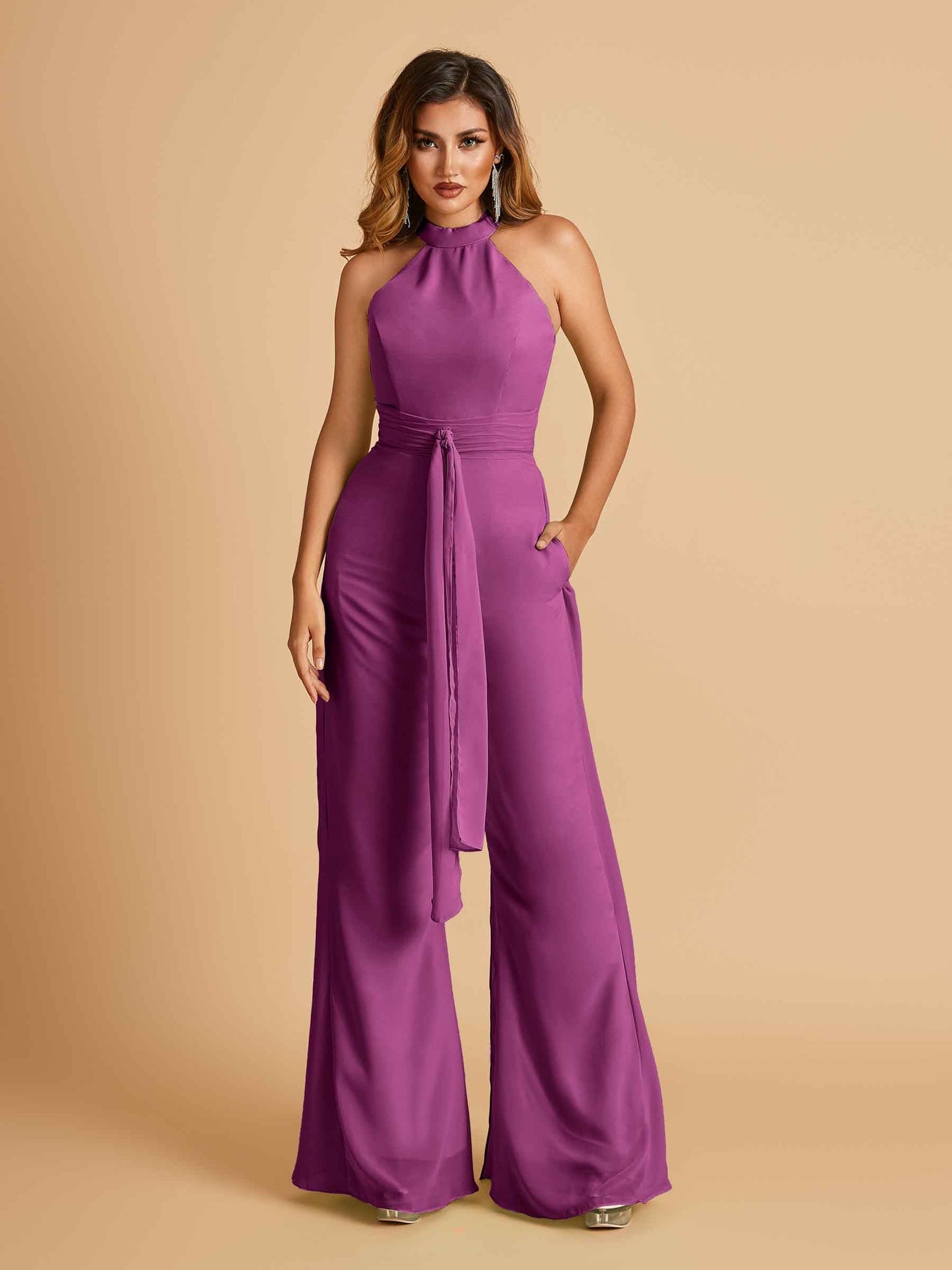Chiffon Prom Jumpsuit Jewel Neck Sleeveless Floor Length With Pockets
