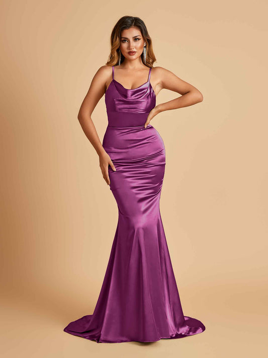 Satin Mermaid Open Back Bridesmaid Dresses Spaghetti Straps Scoop Floor Length
