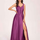 Satin V-neck A-line Prom Dresses Side slit Floor Length