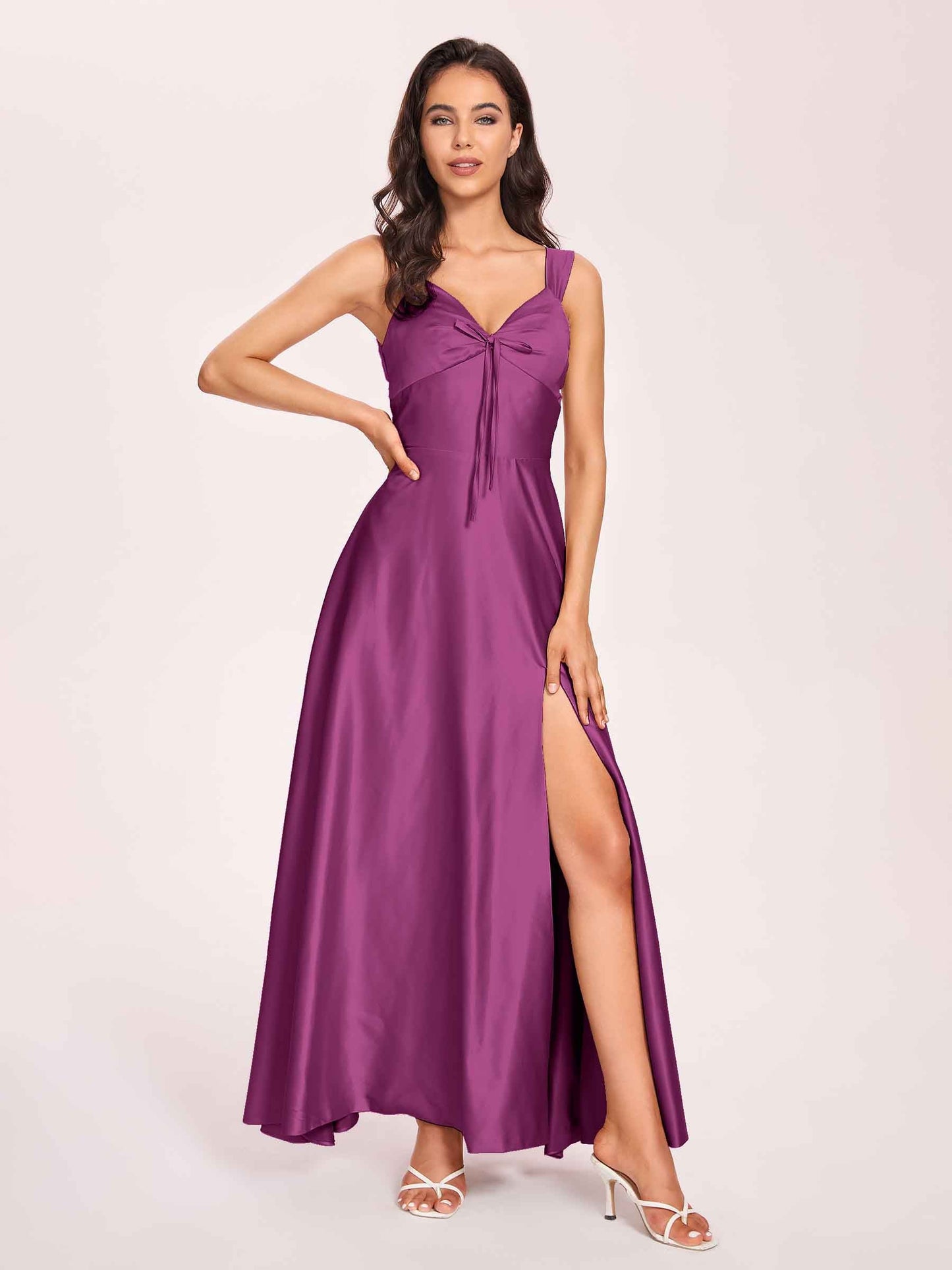 Satin V-neck A-line Prom Dresses Side slit Floor Length