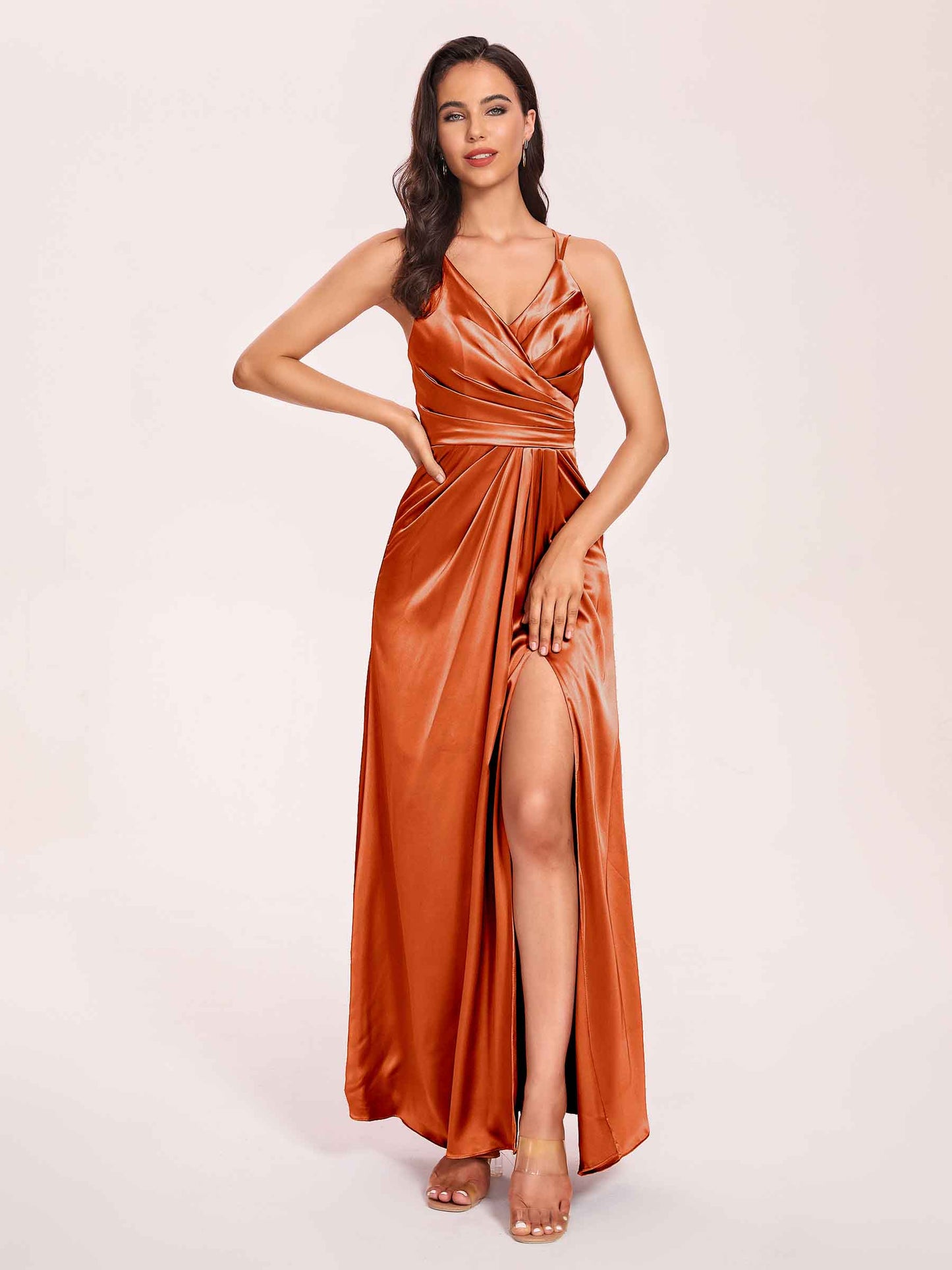 Sexy Satin A-line Bridesmaid Dresses Spaghetti Straps Side Slit V-neck Floor Length