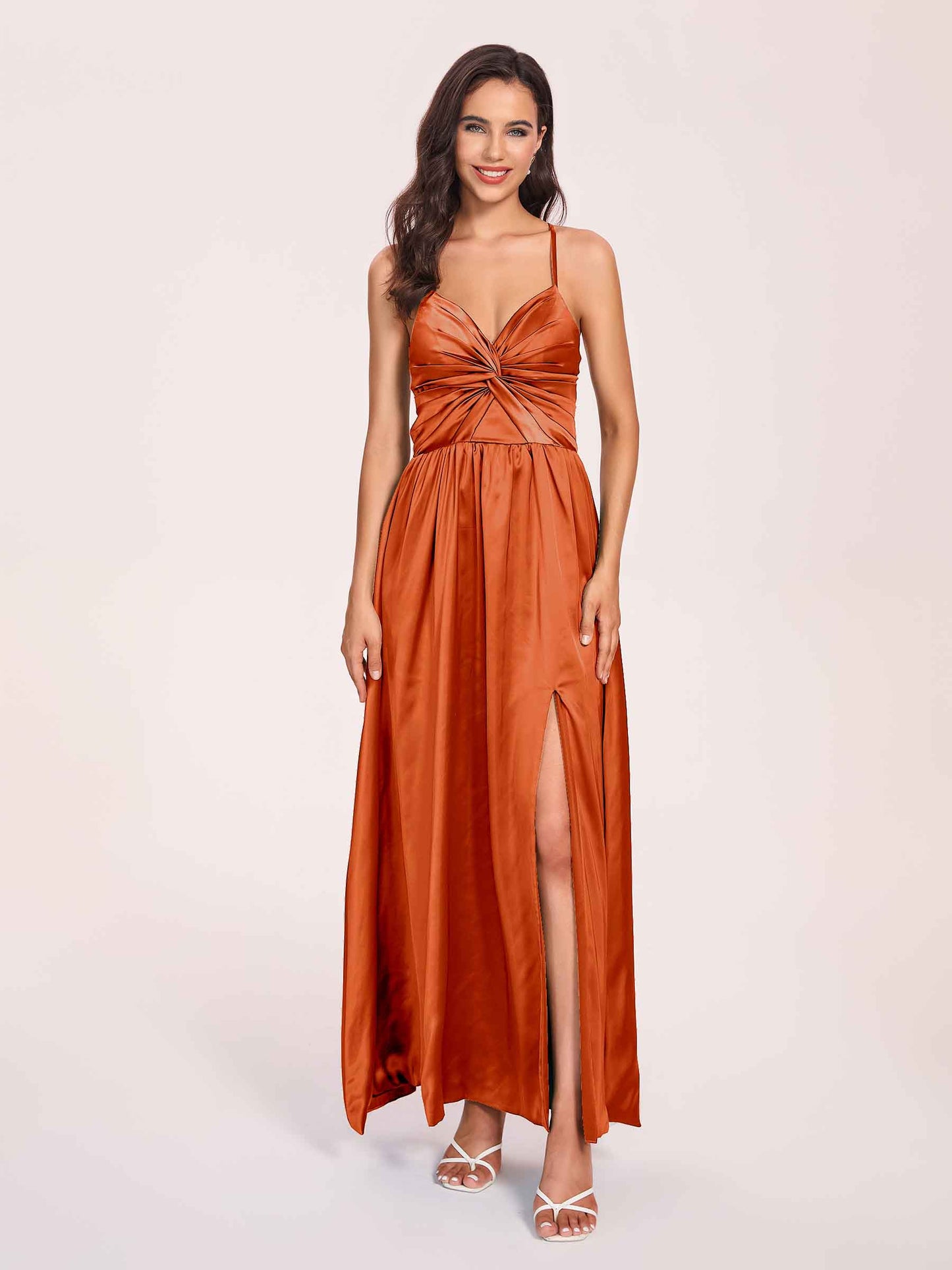 Satin Spaghetti Straps A-line Bridesmaid Dresses Side Slit Floor Length