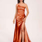 Satin One-shoulder Mermaid Bridesmaid Dresses Side Slit Pleats Floor Length