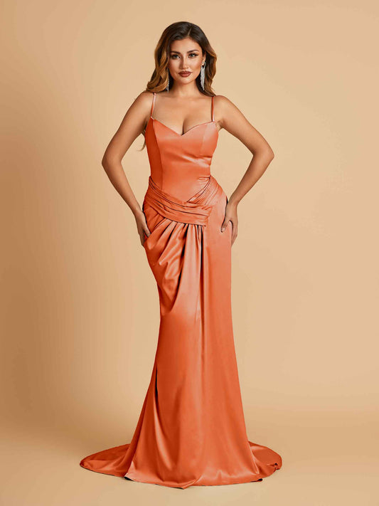 Satin Mermaid Sweetheart Bridesmaid Dresses Spaghetti Straps With Pleats Floor Length