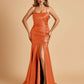Sexy Satin Mermaid Prom Dresses Spaghetti Straps Scoop Side Slit Criss-cross Back
