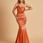 Satin Mermaid Open Back Prom Dresses Spaghetti Straps Scoop Floor Length