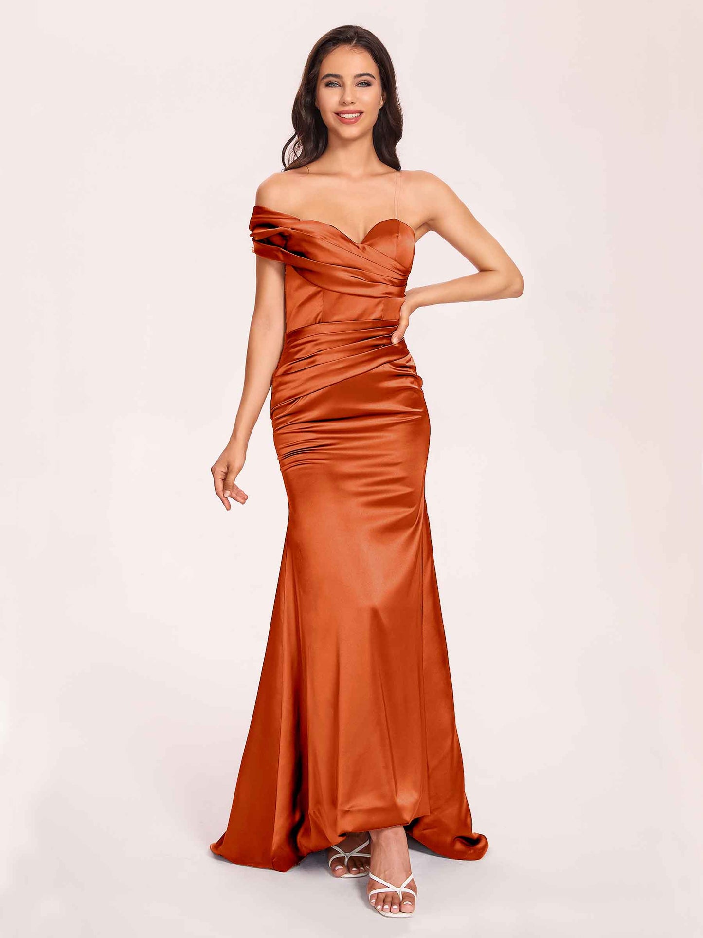 Satin One-shoulder Bridesmaid Dresses Pleats Floor Length Mermaid Long
