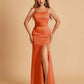 Satin Mermaid Long Bridesmaid Dresses Spaghetti Straps Scoop Side Slit Criss-cross Back