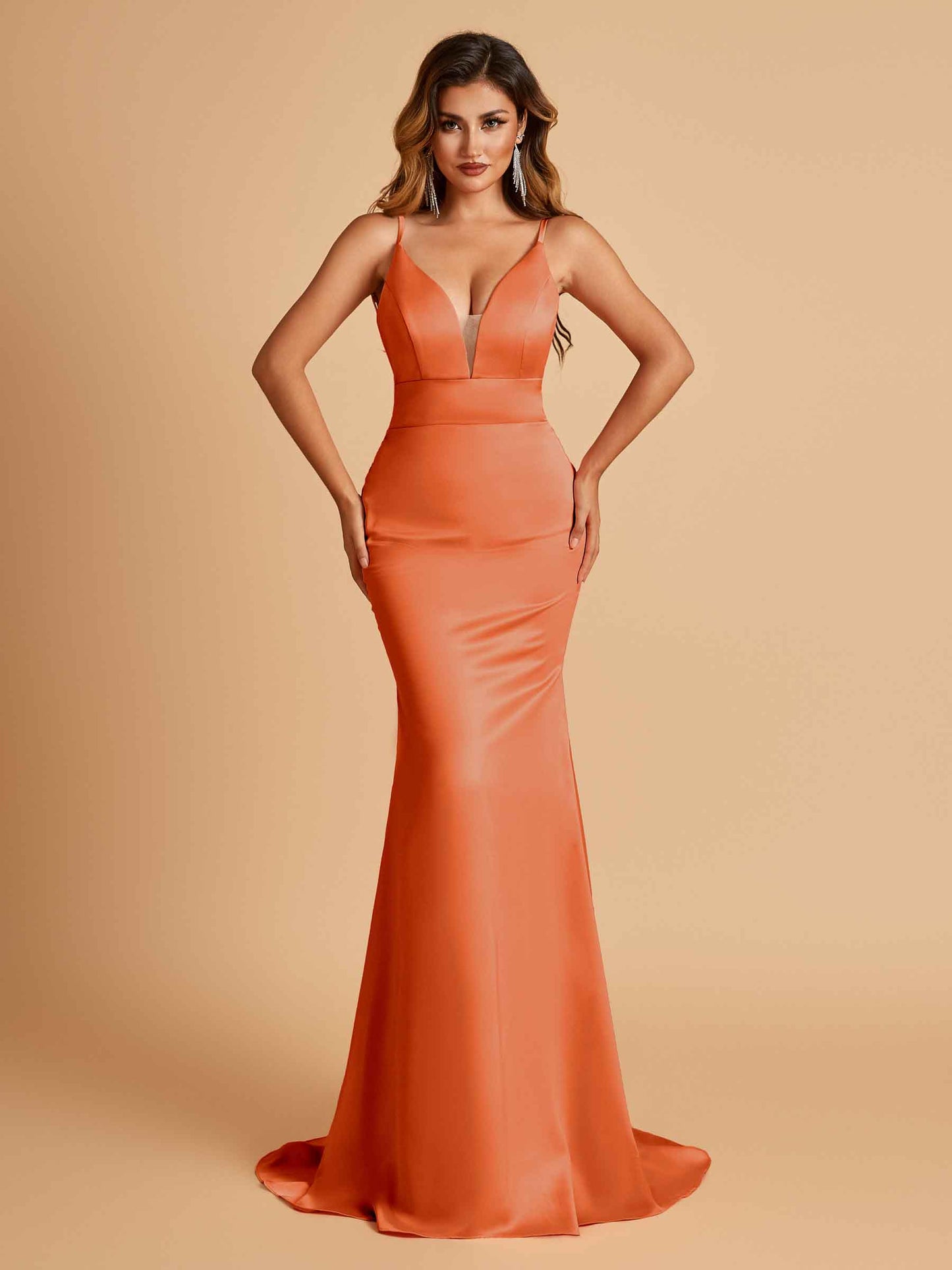 Satin Deep V-neck Mermaid Bridesmaid Dresses Open Back Floor Length