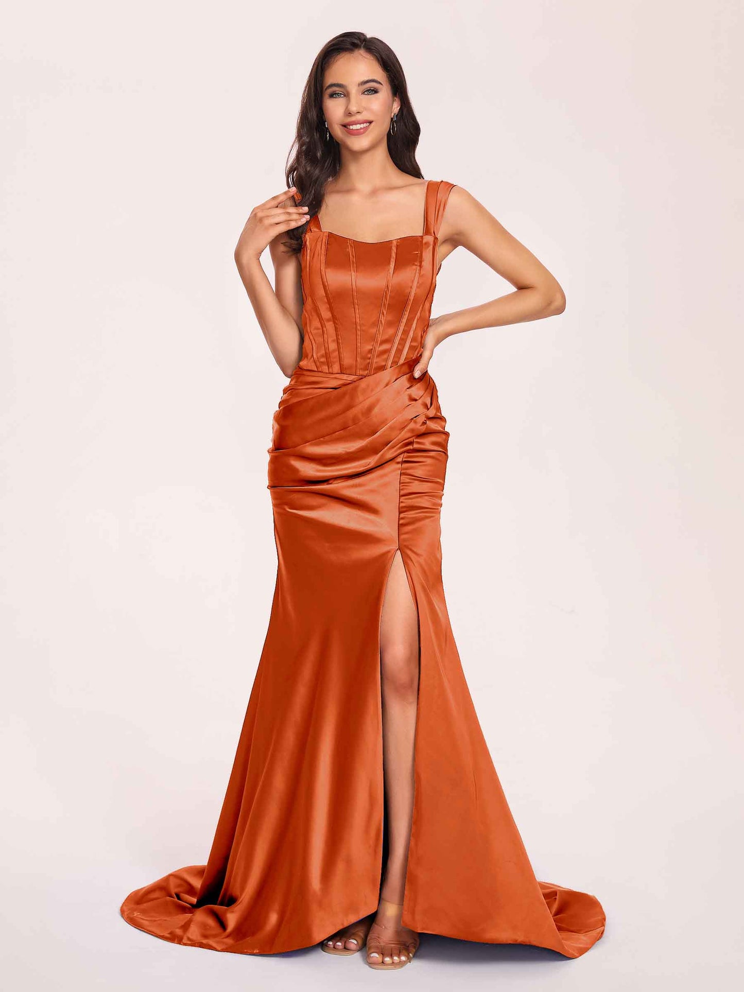 Sexy Satin Square Mermaid Bridesmaid Dresses Pleats Side-Slit Floor-Length Sleeveless