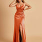 Sexy Satin Sheath Prom Dresses Spaghetti Straps V-neck Side Slit Pleats Floor Length