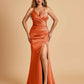 Sexy Satin Mermaid Long Prom Dresses Spaghetti Straps Sweetheart Side Slit Criss-cross Back