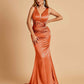 Sexy Satin Criss-cross Back Prom Dresses Mermaid Deep V-neck Back Pleats Floor Length