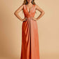 Sexy Satin Deep V-neck Long Bridesmaid Dresses A-line Pleats Sleeveless Floor Length
