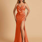 Sexy Satin Sheath Bridesmaid Dresses Spaghetti Straps V-neck Side Slit Floor Length