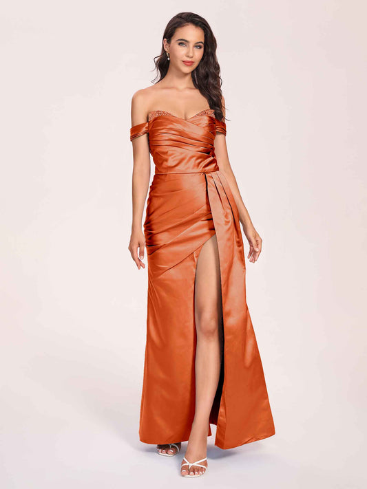 Elegant Satin Off Shoulder Bridesmaid Dresses Side-slit Sweetheart Floor Length Sheath