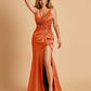 Sexy Satin Mermaid Prom Dresses Spaghetti Straps V-neck Side Slit Half Open Back