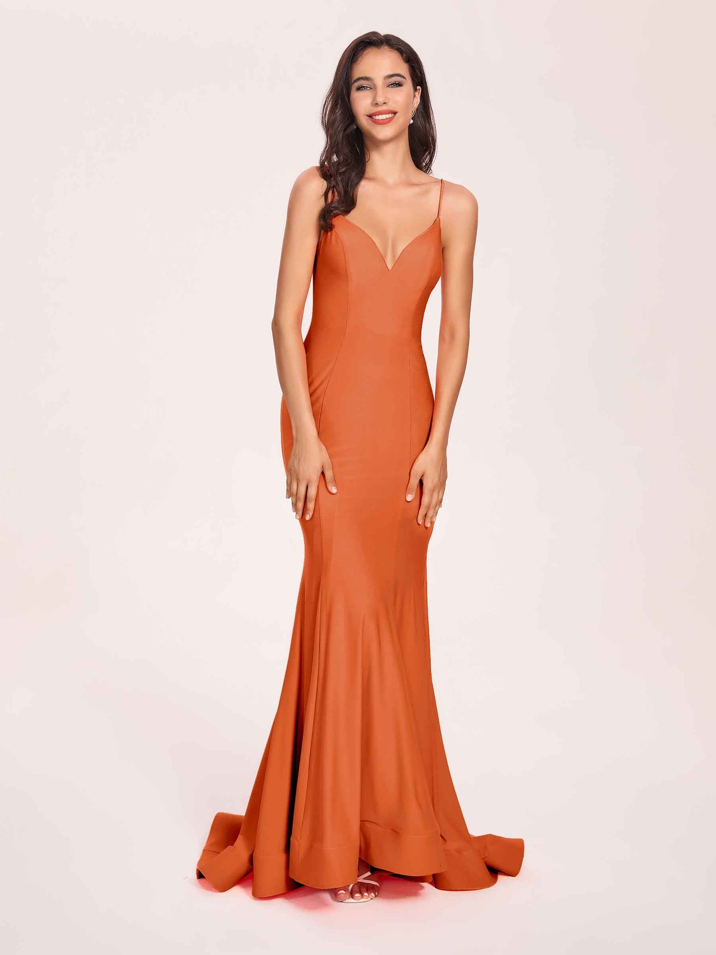 Sexy Satin Mermaid Prom Dresses Spaghetti Straps V-neck Floor Length Lace-up Back