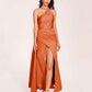 Sexy Satin Halter Strap Sheath Prom Dresses Side Slit Pleats Floor Length