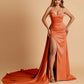 Sexy Satin Sheath Prom Dresses Spaghetti Straps Sweetheart Side Slit With Train