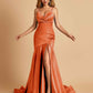 Sexy Satin Mermaid Open Back Prom Dresses Spaghetti Straps V-neck Side Slit