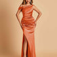 Unique Satin One Shoulder Prom Dresses Side Slit Half Open Back Floor Length