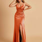 Sexy Satin Sheath Bridesmaid Dresses Spaghetti Straps V-neck Side Slit Pleats Floor Length