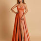 Satin A-line Long Prom Dresses Spaghetti Straps V-neck Side Slit Floor Length